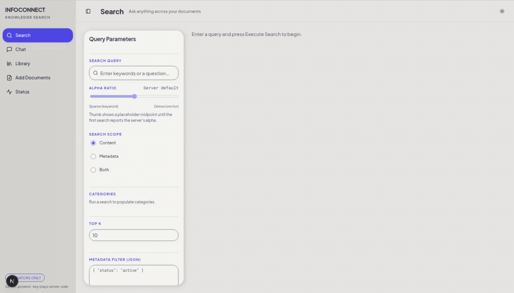 Searching "Apollo" with the Content scope returns no results; switching to the Metadata scope returns three documents with metadata evidence